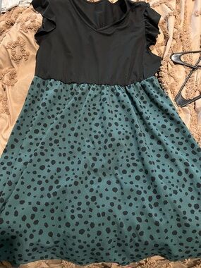 SHEIN Black Bodice Green Polka Dot Midi Dress